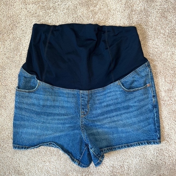 Isabel Maternity Medium Wash Crossover Panel Denim Midi Shorts women's size 14 - Picture 1 of 5